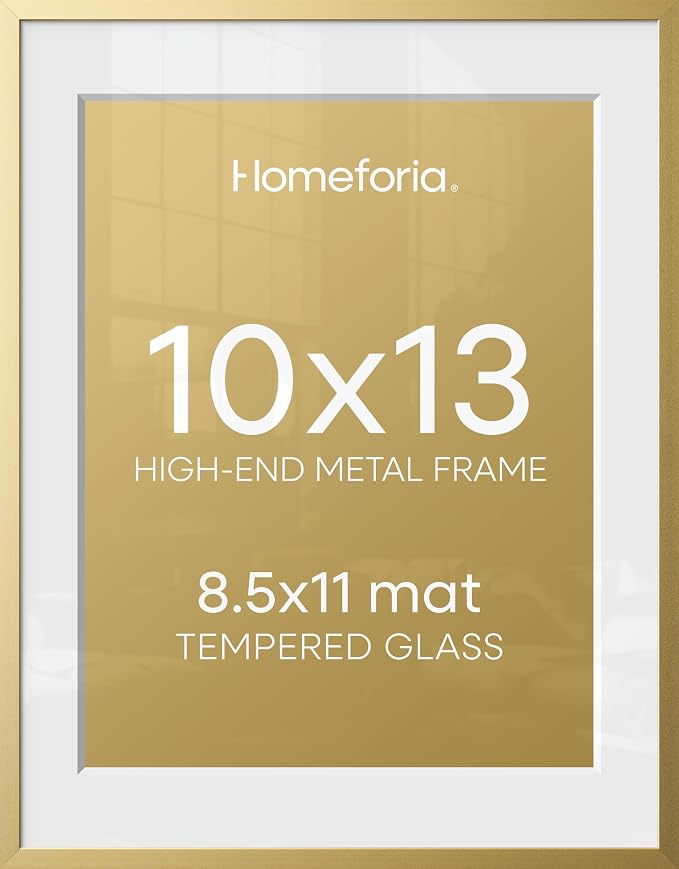 Homeforia 10x13 Picture Frame Gold, High End Metal 10x13 Poster Frames with Mat for 8.5x11, 10 x 13 Gold Frames Matted to 8.5 x 11 inch Photo, 10by13 Hanging Frames, Tempered Glass, Wall Kit, Set of 2