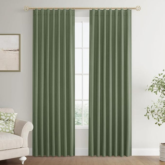 Joywell 100% Blackout Linen Curtains 84 Inch for Bedroom Black Out Curtain Rod Pocket Back Tab Loden Forest Room Darkening Drapes for Dining Room Window 2 Panels,52 x 84,Olive Green