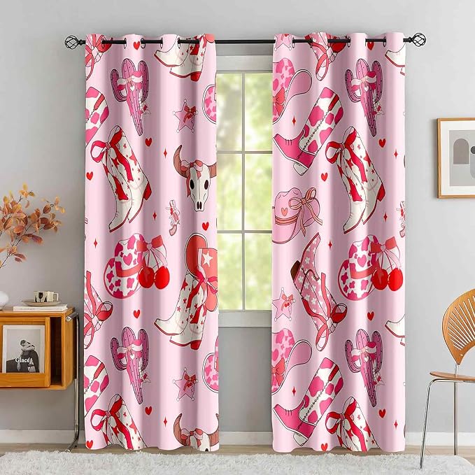 LUVIVIHOME Cowgirl Blackout Curtains, Cherry Boots Preppy Coquette Curtains for Girls Bedroom Living Room, Cute Girly Pink Western Cowgirl Room Decor, Grommet Window Drapes 2 Panel Sets, 42x84 Inch