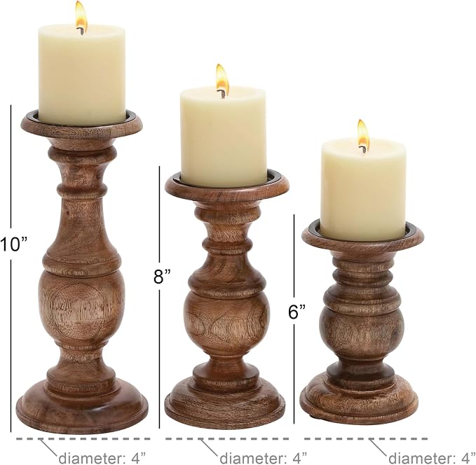 Deco 79 Mango Wood Candle Holders, Set of 3, 10", 8", 6"H, Brown | Decorative turned style pillar candle stand, candlestick holder