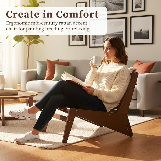 Furlide Rattan Chair 2Pcs, Mid-Century Accent Chair, Rattan Lounge Chair for Living Room, Boho Side Corner Comfy Chair for Bedroom and Balcony, Walnut
