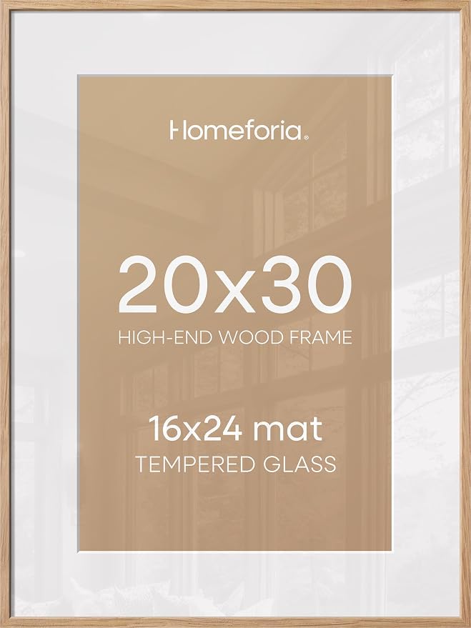 Homeforia 20x30 Picture Frame Wood, High End Natural Oak 20 x 30 Frame with Mat 16 by 24, 20x30 Light Wooden Poster Frames Matted to 16x24 Photo, 30by20 Large Frame, Tempered Glass, Wall Kit, Set of 3