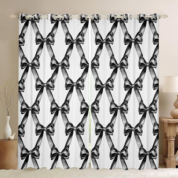 Erosebridal Bowknot Kids Window Curtain Ribbon Bow 52" Wx63 L Curtain for Girls Boys,Black White Bow Knot Window Treatments Geometric Patchwork Modern Butterfly Knot Curtains & Drapes