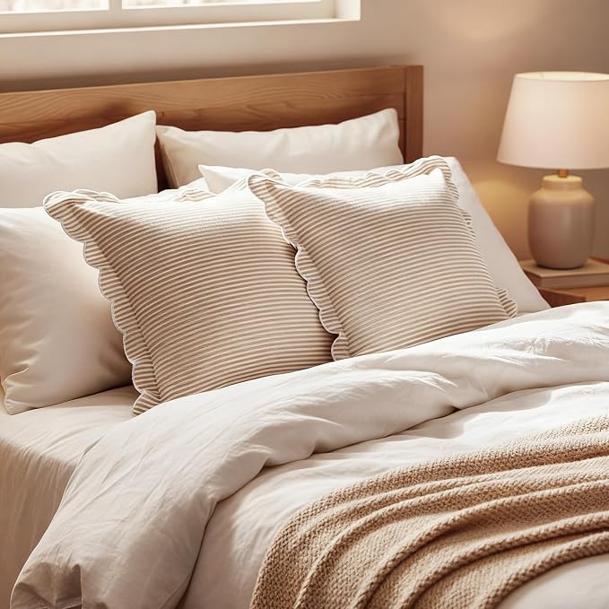 Newwiee 2 Pack Scalloped Pillow Cover 18 x 18 Inch Stripe Throw Pillow Cover Cotton Decorative Pillowcase for Women Men Couch Living Room Cushion Indoor Outdoor Decoration (Beige, Scalloped)