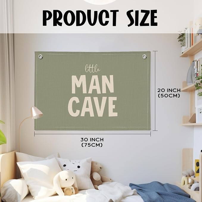 Little Man Cave Banner, Boys Room Decor, Sage Green Linen Canvas Banner Wall Hanging Flag Decor for Toddler Boy Nursery Playroom