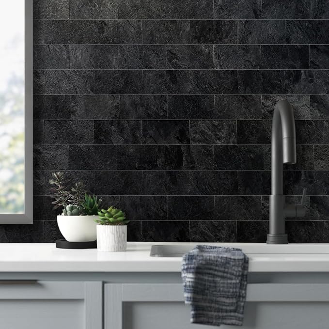 AULIGET 200 Pieces Black Slate Peel and Stick Backsplash Wall Tiles, 3" x 6" PVC Faux Stone Stick on Tiles for Backsplash Kitchen, Bathroom, Laundry Room, Camper, Fireplace