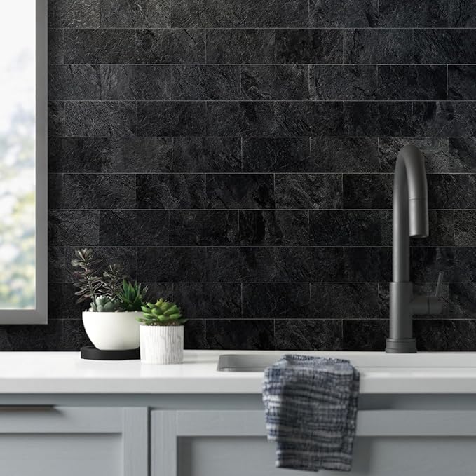 AULIGET 3" x 6" Peel and Stick Backsplash Wall Tiles, PVC Faux Stone Stick on Tiles for Backsplash Kitchen (4, Black Slate)