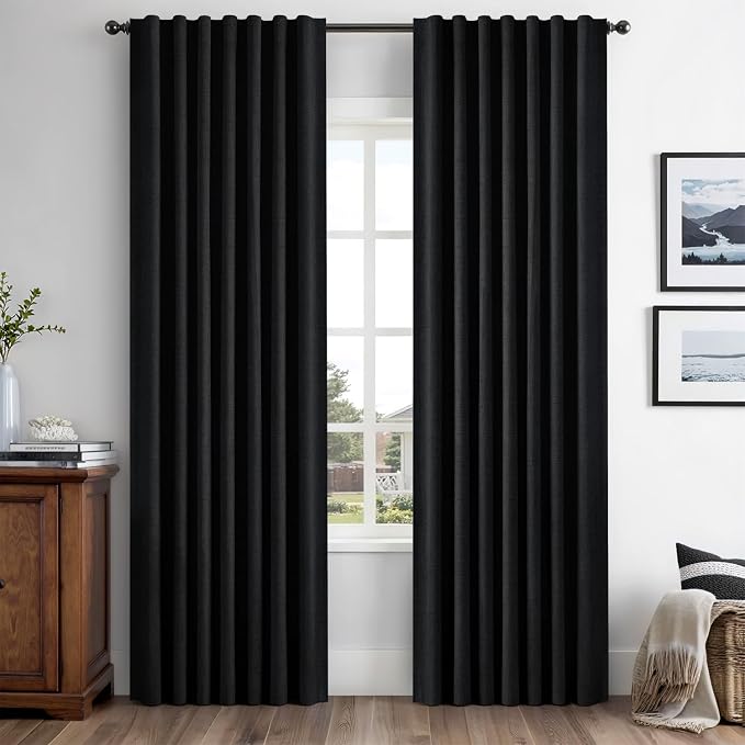 MIULEE 100% Blackout Linen Curtains for Bedroom, Black Solid Luxury Decor Thermal Insulation Room Darkening Drapes for Living Room Back Tab Rod Pocket 42 x 84 Inches, 2 Panels