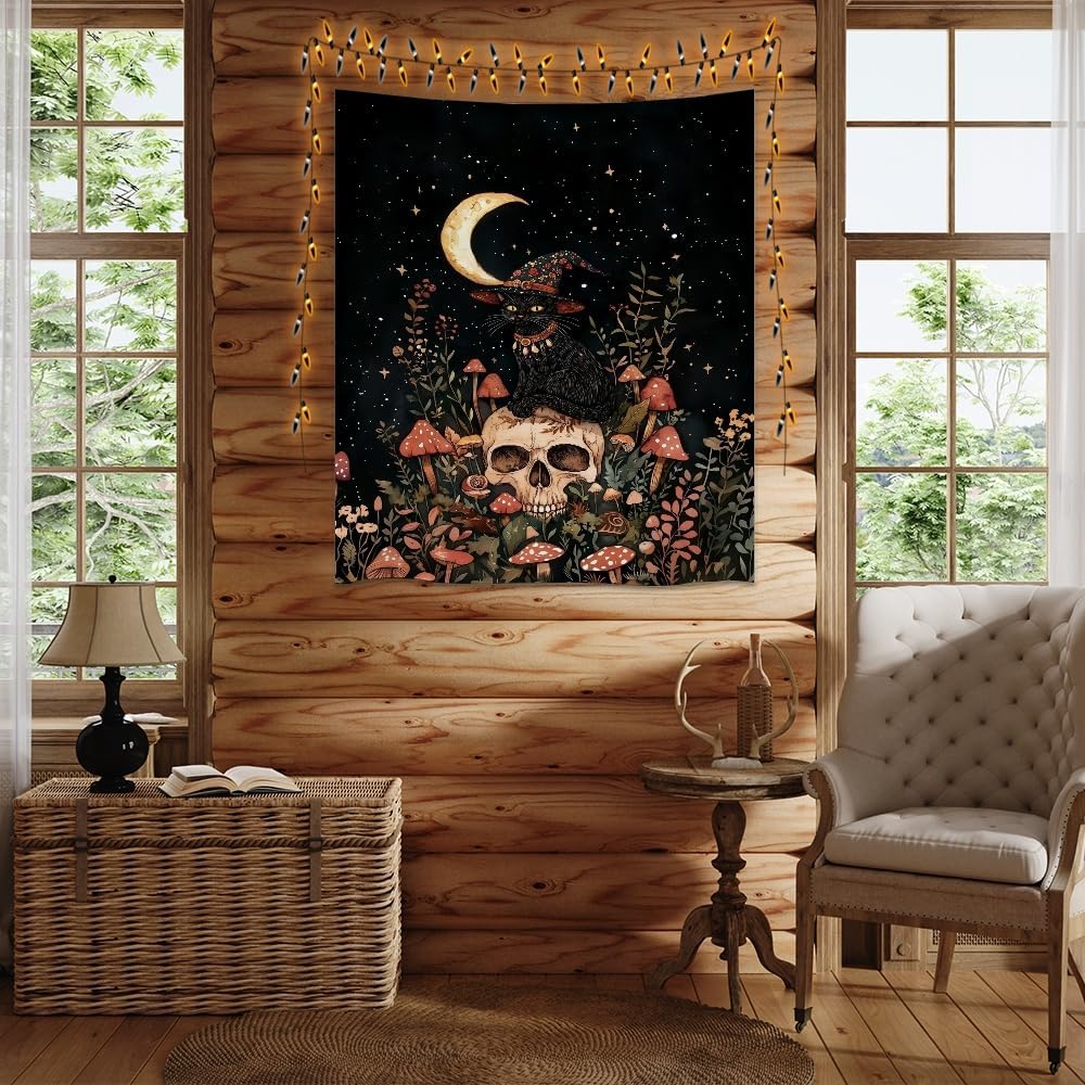 Halloween Witch Cat Tapestry Gothic Skull and Mushroom Artwork Print Spooky Halloween Witchy Wall Hanging Decor Black Cat Crescent Moon art Tapestries for Living Room Bedroom Decoration 30x40inch