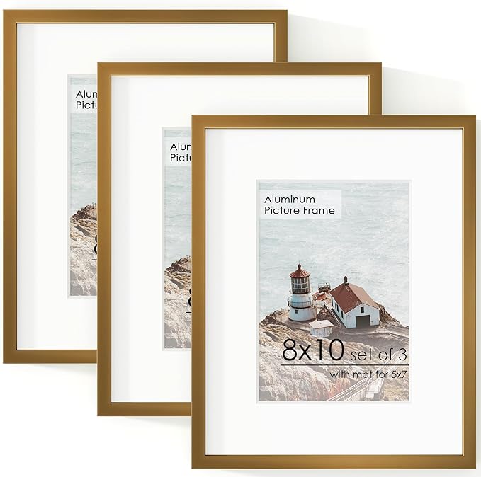 FLYJOE 8x10 Picture Frame - 8x10 Metal Picture Frame With Mat | 8 x 10 Aluminum Photo Frame | Plexiglass And Hanging Hardware Included | Black 8 by 10 Frame, 3PCs, Bronze