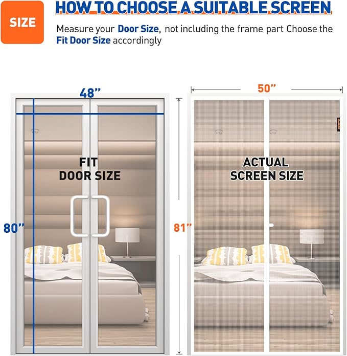 MAGZO Magnetic Screen Door Fit Door Size 48 x 80 Inch, Screen Size 50" x 81" Strong Magnet Door Mesh with Reinforced Hook & Loop for Patio, Sliding, French, White