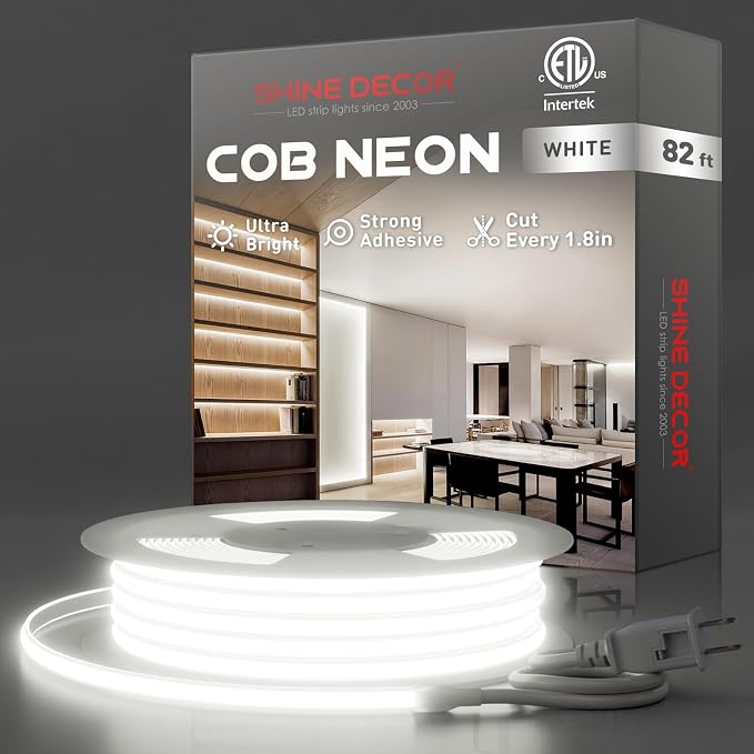 Shine Decor COB LED Rope Light AC 120V, 800lm Ultra Bright, IP65 Waterproof Cold-Resistant ETL Neon Strip, No Driver Tape Lighting for Home Commercial 10x4.5mm, 6000K Cool White, 82ft