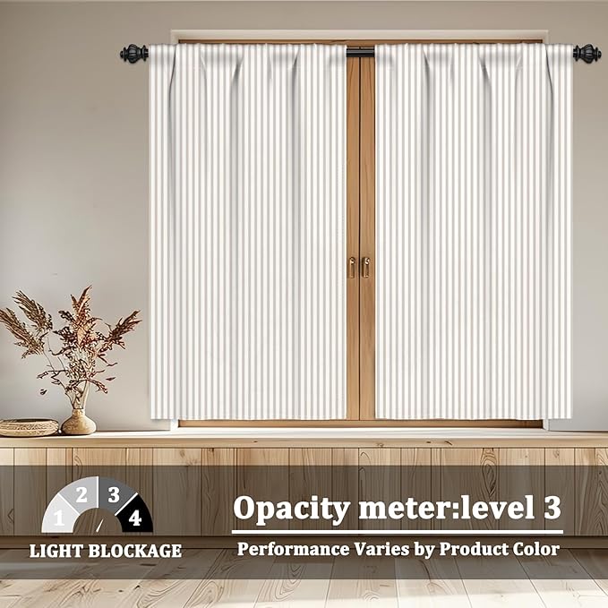 Renaiss 42 x 54 Inch Striped Short Curtains for Kitchen Windows Over Sink Country Taupe Pinstripe Curatin Linen Farmhouse Cafe Bathroom Small Curtains Rod Pocket Window Treatment Tiers 2 Panels