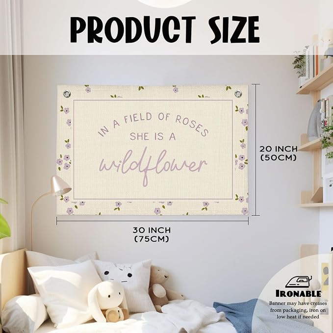 Wildflower Nursery Decor, Girls Room Decor - In a Field Full of Roses She Is a Wildflower Pink Linen Banner Flag for Little Girl Baby Girl - Purple Wildflower