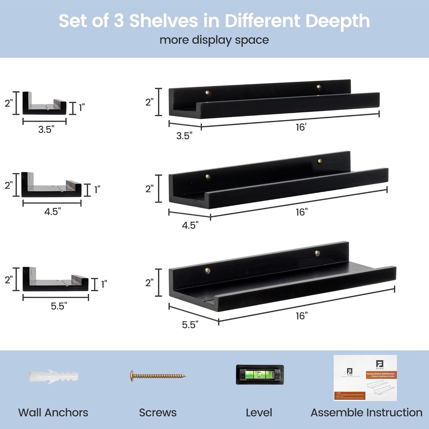 Picture Ledge Wall Shelves - 16 Inch Width Set of 3, Solid Pine Wood Rustic Floating Ledge Shelves for Kids' Room, Bedroom, Kitchen, Bathroom, Living Room, Nursery Display Decor, Black