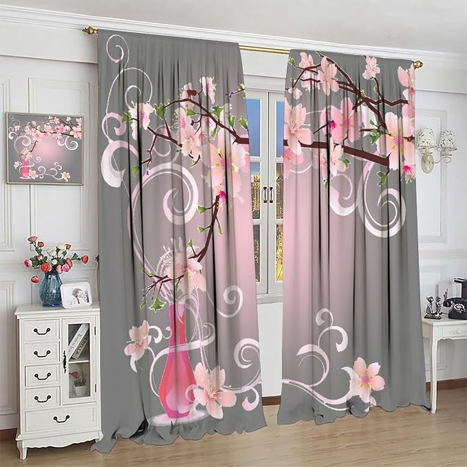 Cherry Blossom Curtains,Pink Flower Japanese Floral Print Window Treatments for Bedroom Living Room Kitchen Polyester Fabric Window Drapes 2 Panels Set,Total Size 63 x 63 Inch