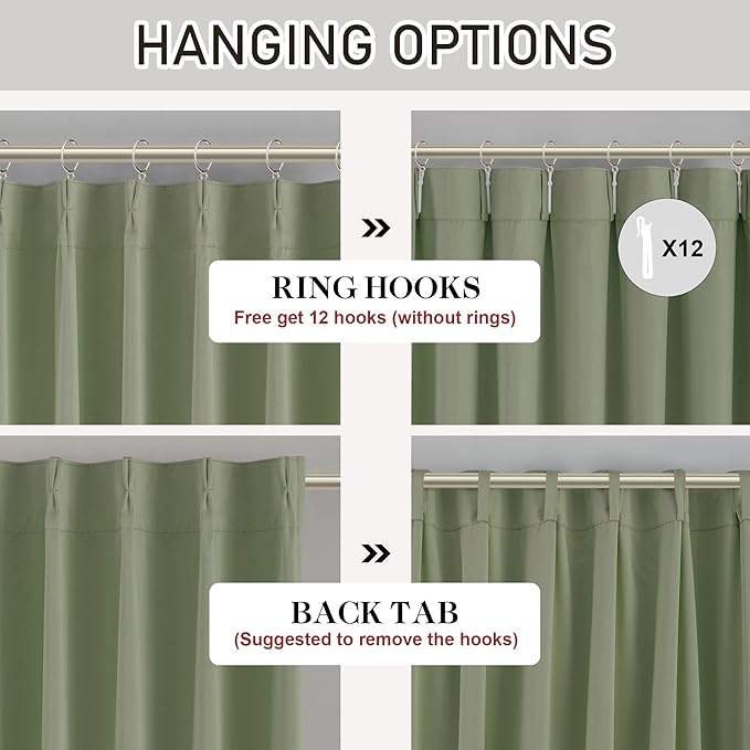 DONREN Sage Green Pinch Pleated Blackout Curtains with Hooks - 63 inch Length Room Darkening Thermal Insulated Short Window Curtain Panels for Bathroom Kids Room 2 Panel 40" Wx63 L