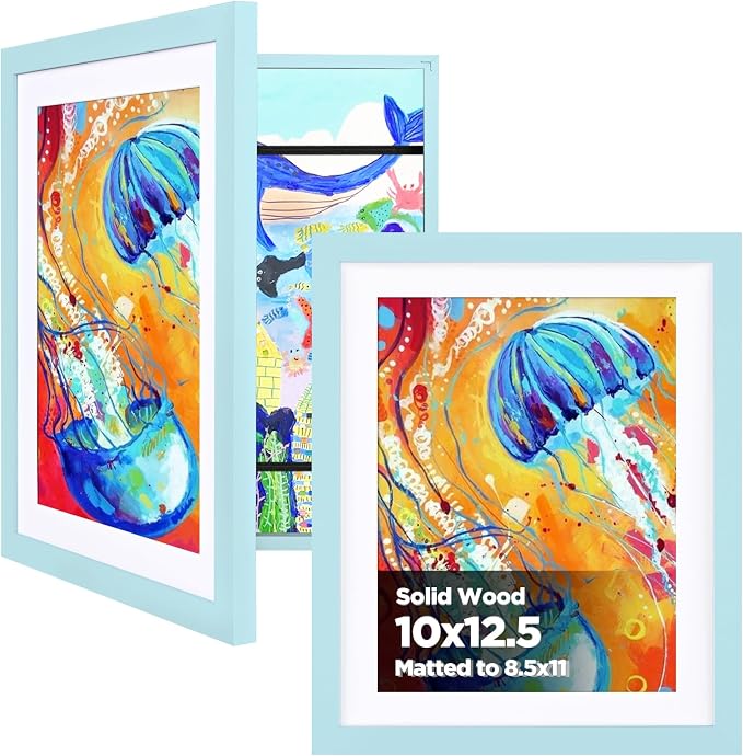 KINLINK 10x12.5 Kids Art Frame 2 Pack, Solid Wood Artwork Frames Changeable, Front Opening Hold 150 Pictures, Art Frames for Kids Artwork, 8.5x11 with Mat 10x12.5 without Mat, Picture Frames Light Blue