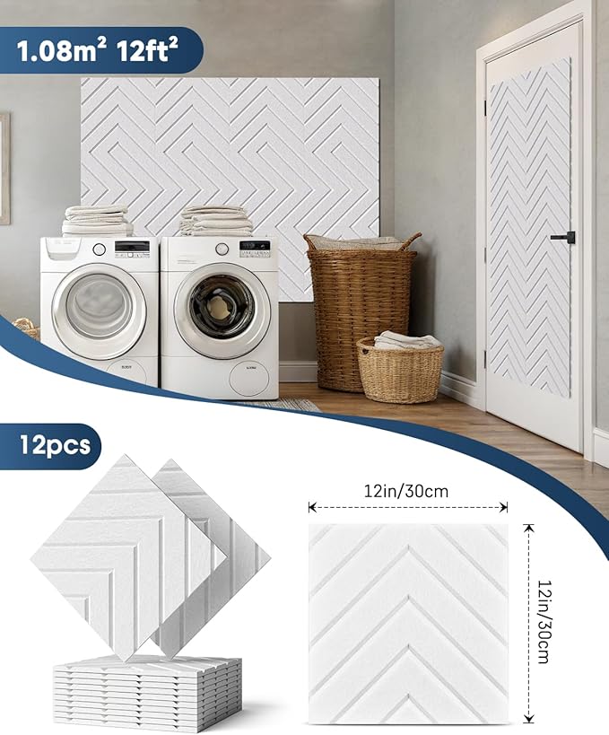 Sound Proof Foam Panels for Walls, 12 Pack Self-Adhesive Acoustic Panels, 12" X 12" X 0.4" Soundproof Wall Panels for Door, Ceiling, Home Office White