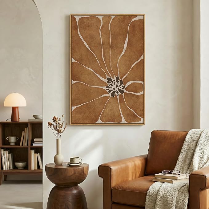 Framed Boho Abstract Neutral Floral Wall Art for Living Room, Modern Minimalist Brown Flower Print Canvas Artwork for Walls, Vertical Japandi Wabi Sabi Wall Decor for Bedroom Dining Room, 24x36 Inch