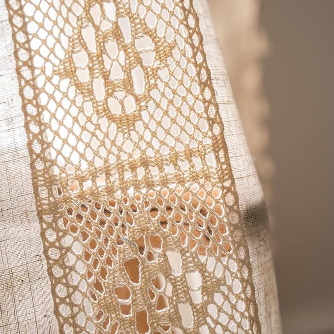 OYX Boho Curtains Crochet Lace Patchwork Semi-Blackout Bohemian Handmade Tassels, Rod Pocket Window Treatment Vintage Rustic Farmhouse Drapes for Living Bedroom, 2 Panel 52" W x 96" L, Beige