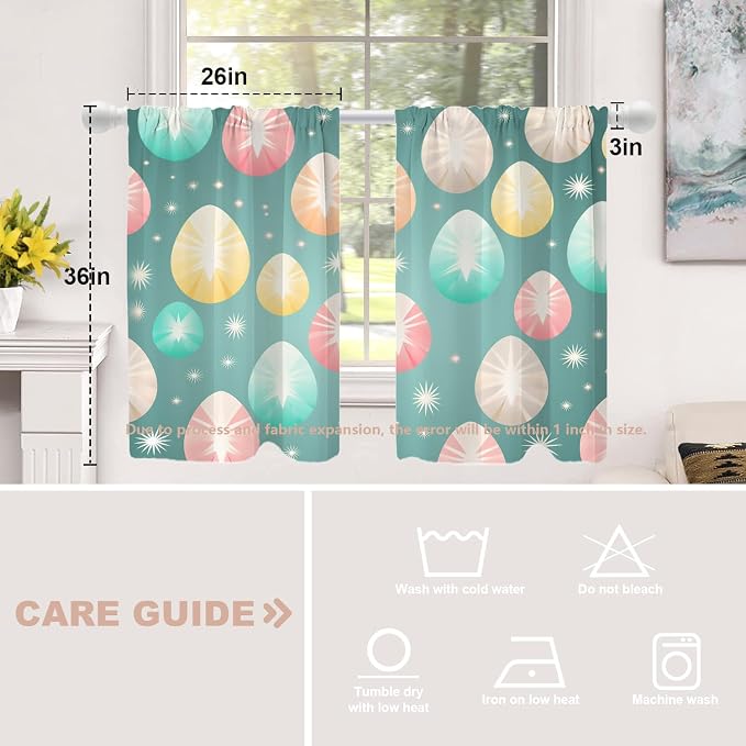 Shrahala Easter Eggs Stars Blackout Curtain Tiers, Colorful Easter Egg Pattern Kitchen Valance Light Blocking Tier Drapes with Rod Pocket, 2 Pack 26 X 36 in