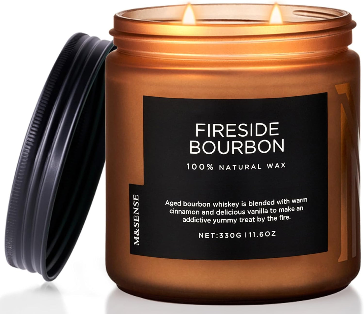 M&SENSE Fireside Bourbon Jar Candle, 11.6oz Clean Soy Wax Up to 70 Hours Burn Time Smoky Scent 2 Wick Cotton Fall Campfire Scented Candle for Home Decor Housewarming Gifts for Bathroom Office