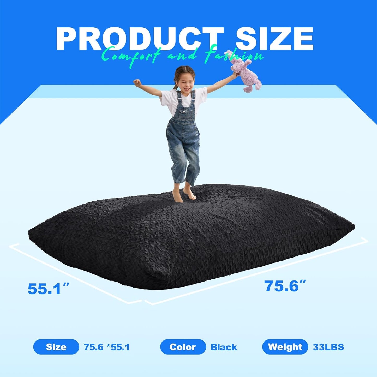 Hobestluk 3 in 1 Bean Bag Chair Giant Bean Bag Chairs for Adults with Chevron Plush Fur Cover Convertible Bean Bag Floor Cushion with Machine Washable Cover for Living Room (Chevron Plush Black)