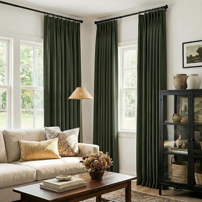 CAPALOCA Pinch Pleated Blackout Curtains 108 Inches Long, Linen Blend, 100% Blackout Drapes with 20 Hooks, Ideal for Bedroom and Living Room, 40" W x 108" L (Pack of 2), Loden Green