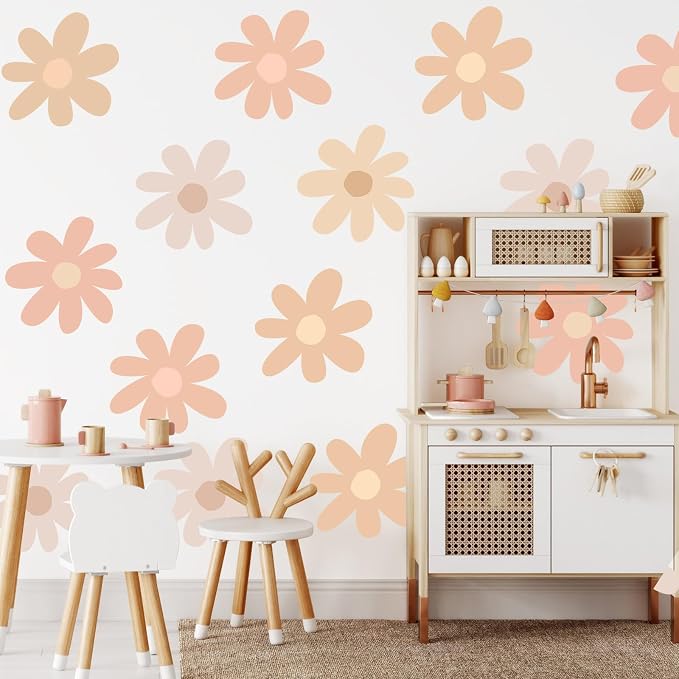 TaoBary 12 Sheet Daisy Wall Sticker Decal Removable Cute Daisy Bedroom Room Decor Flower Wall Sticker Pink White Flower Decal Wallpaper Peel and Stick for Nursery Home(Light Color,Bobo Style)