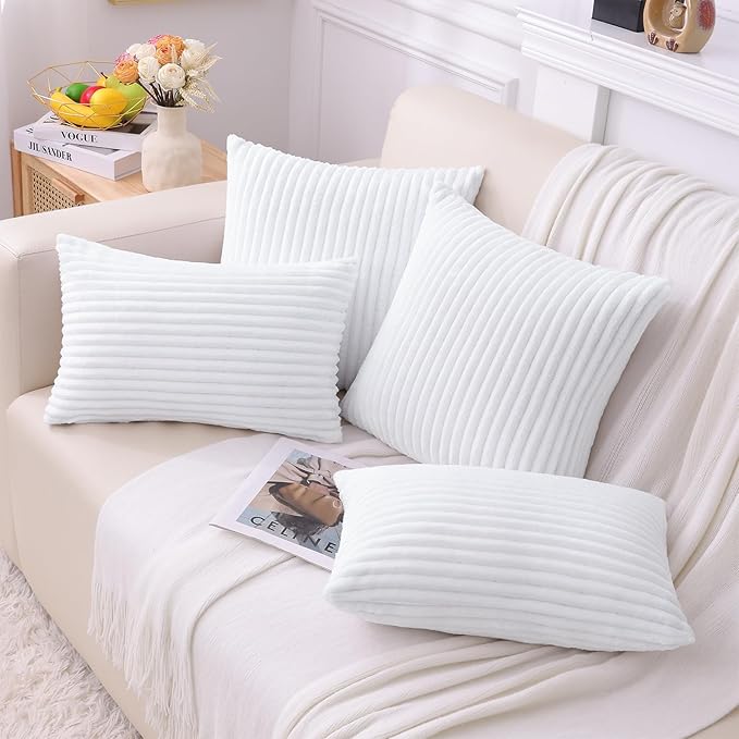 Simmore Decorative Fall Throw Pillow Covers 26x26 Set of 2, Soft Natural Plush Flannel Double-Sided Fluffy Couch Euro Sham Pillow Covers for Sofa Living Room, White