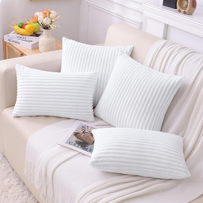 Simmore Decorative Fall Throw Pillow Covers 18x18 Set of 2, Soft Natural Plush Flannel Double-Sided Fluffy Couch Pillow Covers for Sofa Living Room, White