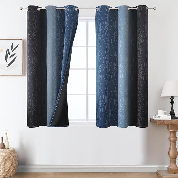 Estelar Textiler Navy Blue and Black Ombre Blackout Curtains 54 Inches Long, Full Light Blocking Gradient Grommet Drapes, Thermal Insulated Curtains for Bedroom, 42Wx54L, 2 Panels