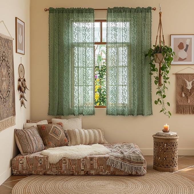 WAZZIO Boho Lace Curtains 2 Panels 63 Inches -Vintage Victorian Sheer Panel Drape French Country Floral Pattern & Tassel Light Filtering Privacy for Bedroom Dining Living Room,Dark Sage Green,W52x L63