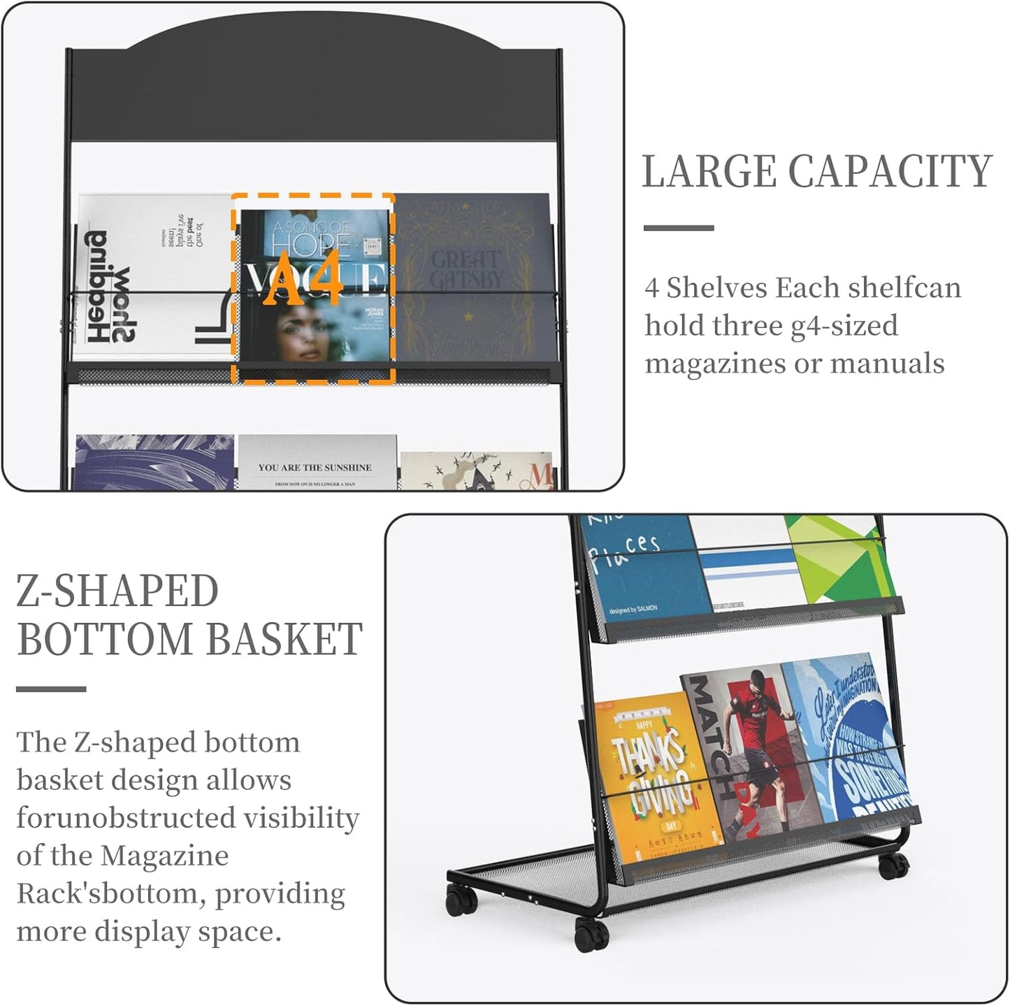 Floor-Standing Magazine Rack 4-Layer with Wheels, Semi-arched top Brochure Display Stand, High-hardness metal for Exhibitions, Office, and Any Organization Requiring Information Display (Arc-Black)