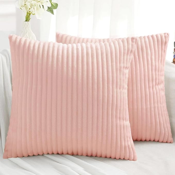 Simmore Decorative Fall Throw Pillow Covers 16x16 Set of 2, Soft Plush Flannel Double-Sided Fluffy Rectangle Pillow Covers for Couch Sofa Living Room, Pink
