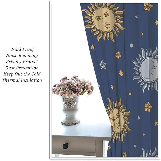 Vintage Sun Moon Bohemian Blackout Window Curtains, Retro Boho Style Print Rod Pocket Window Drapes, for Living Room Bedroom 63x63in 2 Panels