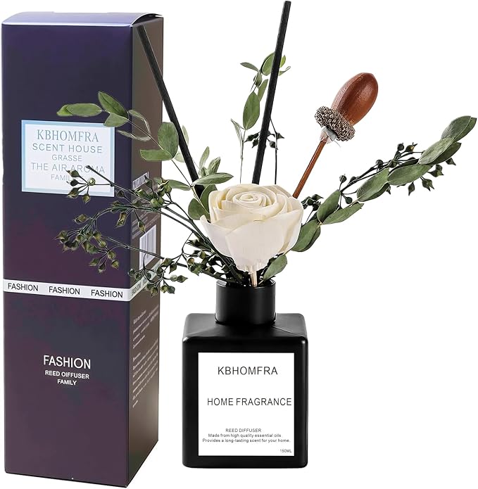 Reed Diffuser Set with Dried Flowers, Jasmine Gardenia Sandalwood Scent, Black Glass Bottle, 5.07fl oz, Aromatherapy Home Fragrance for Bedroom Bathroom (Pure White Gardenia)