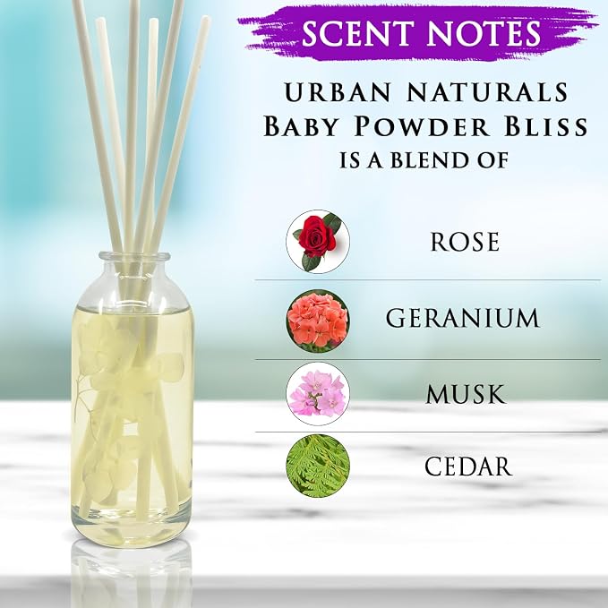 Urban Naturals Reed Diffuser Set, Baby Powder Bliss - Bathroom Shelf Décor | Bliss, Made with Essential Oils & Real Botanicals, Powdery Floral Notes, Rose, Geranium, Musk & Cedar, Makes a Great Gift