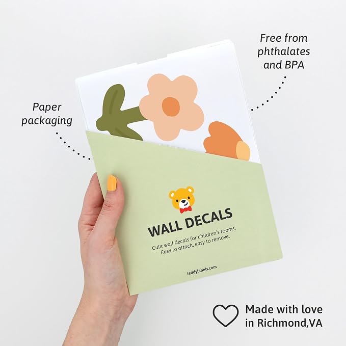 Teddylabels - Retro Flowers - Easy-to-Apply & Removable Wall Stickers: Transform Your Toddlers Bedroom with Durable, Vibrant Peel-and-Stick Wall Decor – Stickers for Kids