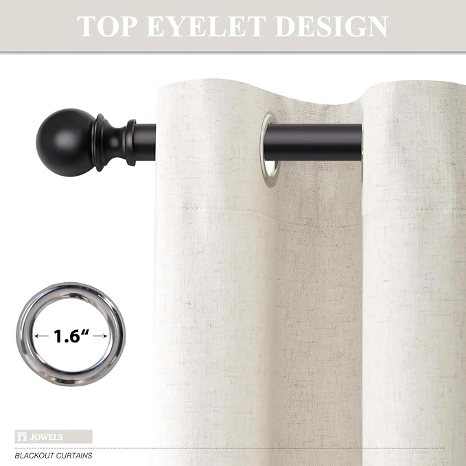Jowels Cream Linen Blackout Curtains 108 Length 2 Panels Set for Living Room Bedroom, 100% Black Out Thermal Insulated Linen Drapes, Room Darkening Grommet Curtains 108 Inches Long Natural Beige