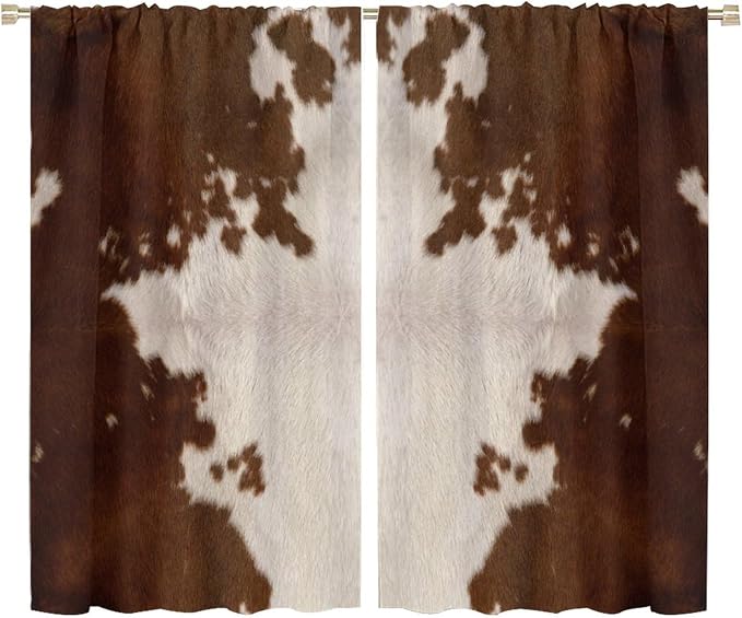 Cow Print Blackout Curtain, Animal Fur Brown Cowhide Western Farm Style Window Treatments Rod Pocket Curtain for Bedroom Living Room Kitchen Decor Drapes 72x63in