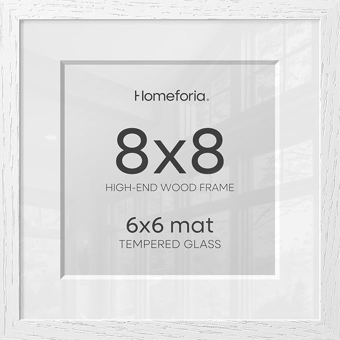 Homeforia 8x8 Picture Frames White, High-End Oak 8 x 8 Square Wood Frame with Mat 6 by 6 Photo, 8x8 Wooden Frames Matted to 6x6 Print, 8by8 Wall or Tabletop Frame, Tempered Glass, Wall Kit, Set of 2