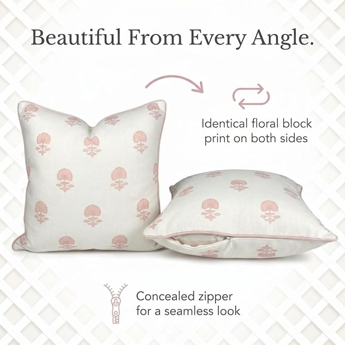 Jillien Harbor “The Lauderdale” Floral Block Print Pillow Cover – Blush Pink and Off-White Decorative Throw Pillow Cover – Grandmillennial Home Decor, 20" x 20"