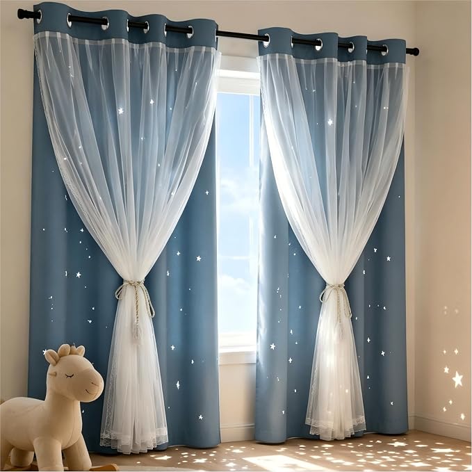 Kids Blackout Curtains for Bedroom/Living Room/Classroom, Sheer Overlay 2 Free Tiebacks, Double Layer Curtains with Star Cutout for Kids Room(Each Piece W70xL72 Inches 2 Pcs Stone Blue)