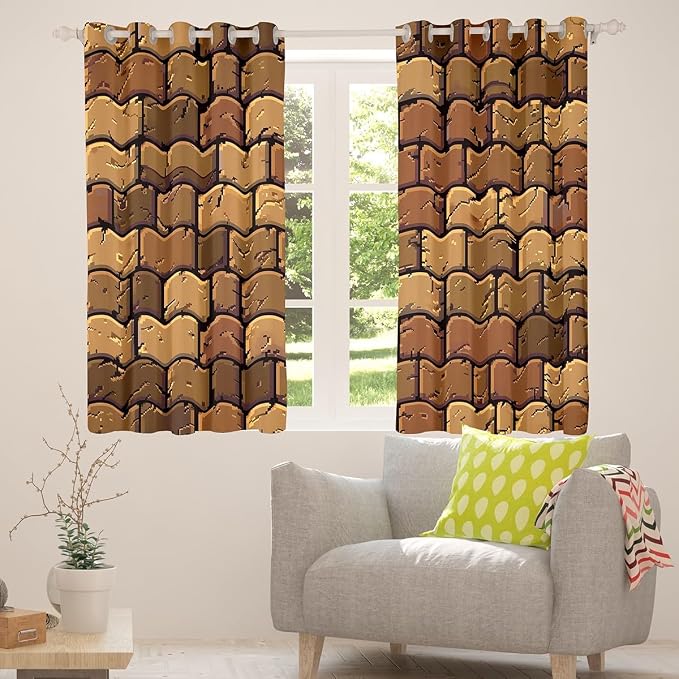 Castle Fairy Miner Square Window Curtains,Pixelated Theme Privacy Blackout Curtain for Window Video Games Shade Windows Covering for Bedroom Brown Pixel Style Drapes 2 Panels,52Wx63L