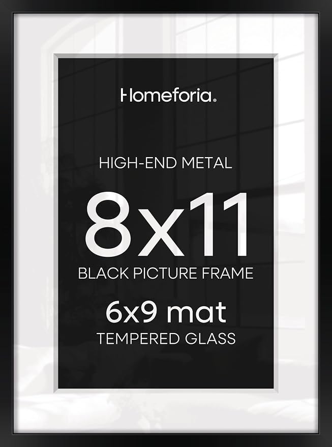 Homeforia 8x11 Picture Frame Black, High End Metal 8 x 11 Poster Frames with Mat 6 by 9 for Photo, 11x8 Frame Matted to 6x9 inch Print, 8by11 Wall or Tabletop Frame, Tempered Glass, Wall Kit, Set of 2