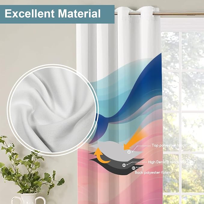 Shrahala Whale Waves Thermal Insulated Blackout Window Curtains, Whale in Colorful Waves Long Drapes for Bedroom/Living Room with Plastic Grommet, 52X84 Set of 2