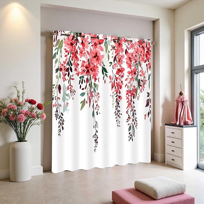 Red Watercolor Floral Curtains, Botanical Leaves Vine Flowers Curtain, Rustic Farmhouse Flower Leaf Blackout Window Treatment Drapes for Bedroom Living Room 52x96 inch, 2 Panels