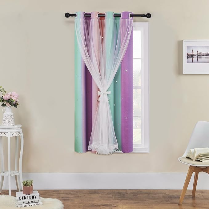 XiDi Unicorn Room Decor for Girls Bedroom, Purple Green Curtains for Kids Rooms, Window Drapes 42 Inchs Long 34 inches Wide 1 Panel